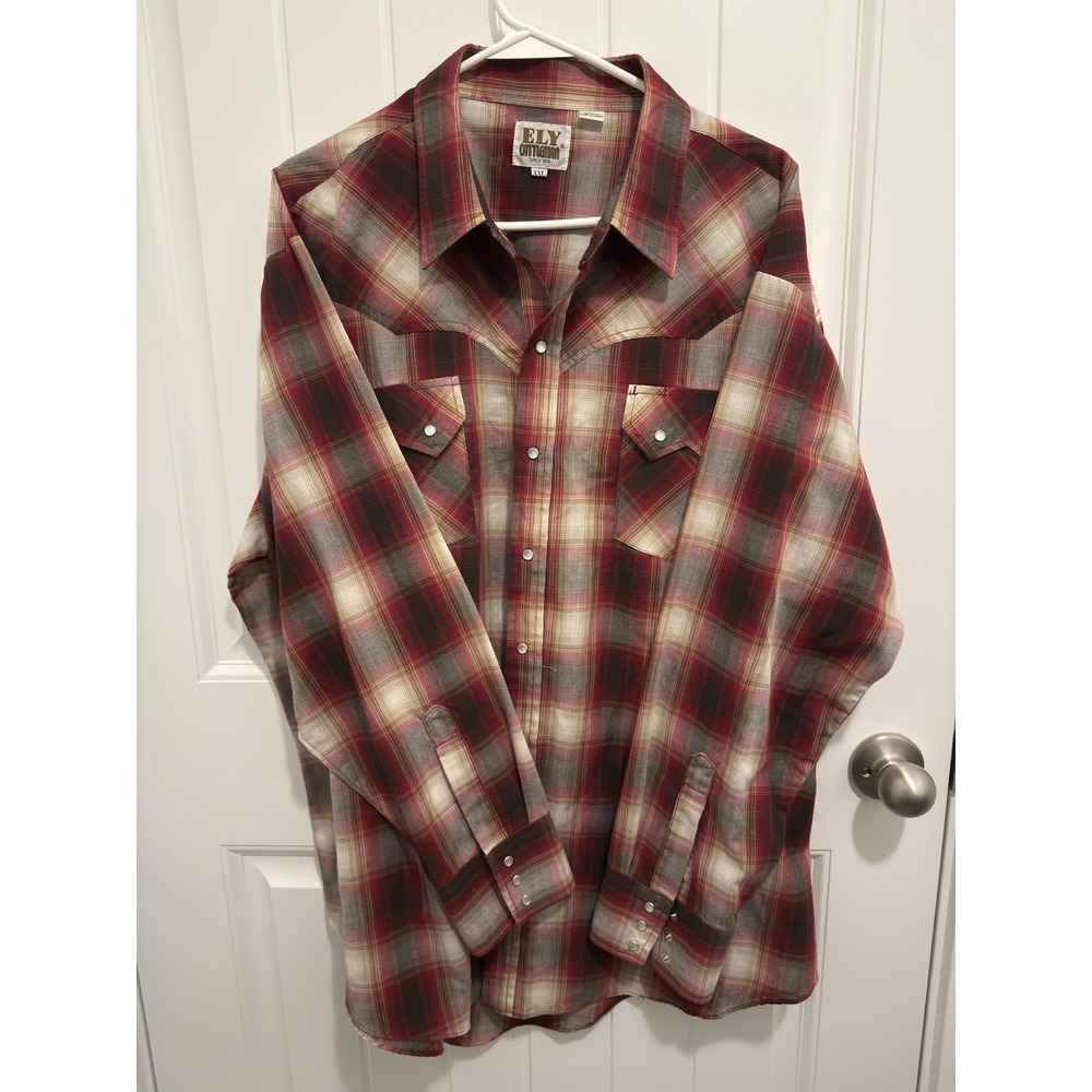 ely cattleman pearl snap shirt Men's‎ Size XXL Brown/Red Plaid